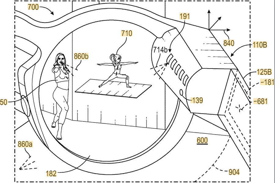 Patent figure showing an AR eyewear display with a virtual instructor avatar demonstrating a yoga pose for the wearer to follow.