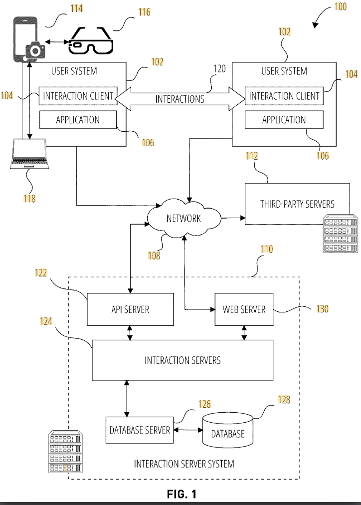 Patent figure showing the networked system architecture: user devices with interaction clients exchanging interactions through a server system with API, web, and database servers.